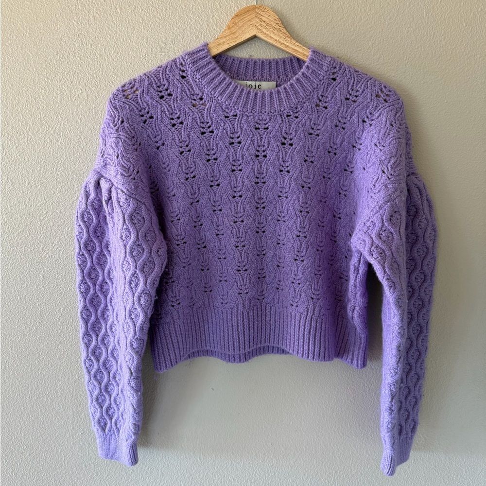 Joie 100% Wool SHRUNKEN Lavender Purple Crochet Knit Textured Sweater Cropped
